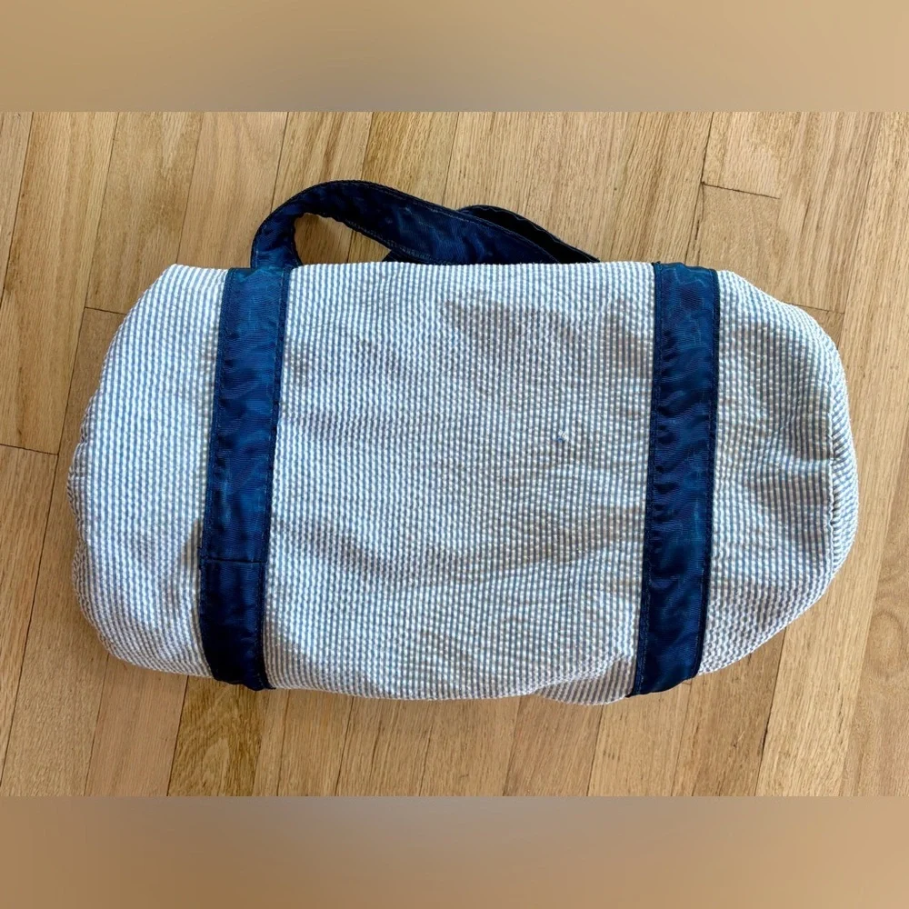 Red Levi Personalized Seersucker Duffle Bag Blue White Stripe Weekend Travel Bag